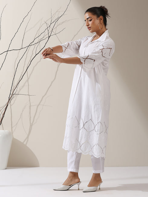 Women's White Cotton Beetal Schiffli Kurta with Pants | 2 Pc Set, All-Over Embroidery, Collar Panel, Elegant Ethnic Wear