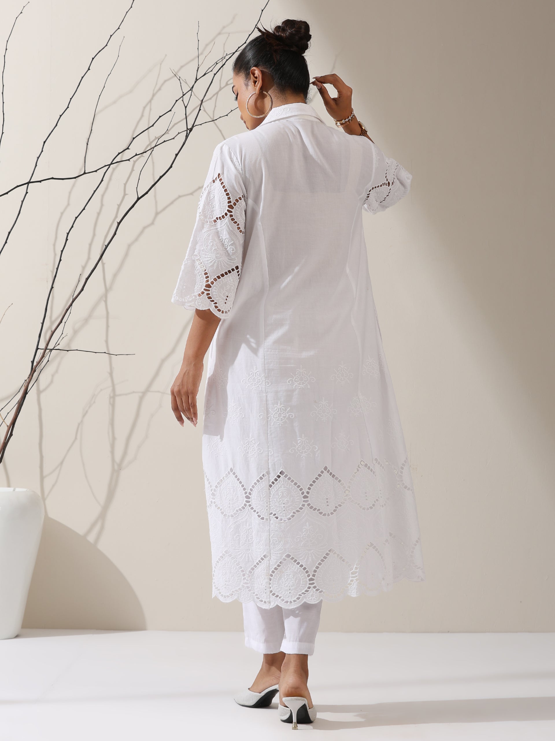 Women's White Cotton Beetal Schiffli Kurta with Pants | 2 Pc Set, All-Over Embroidery, Collar Panel, Elegant Ethnic Wear