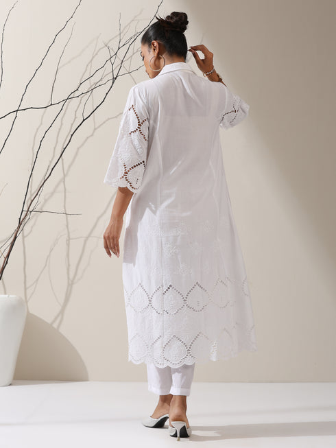 Women's White Cotton Beetal Schiffli Kurta with Pants | 2 Pc Set, All-Over Embroidery, Collar Panel, Elegant Ethnic Wear