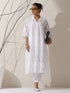 Women's White Cotton Beetal Schiffli Kurta with Pants | 2 Pc Set, All-Over Embroidery, Collar Panel, Elegant Ethnic Wear