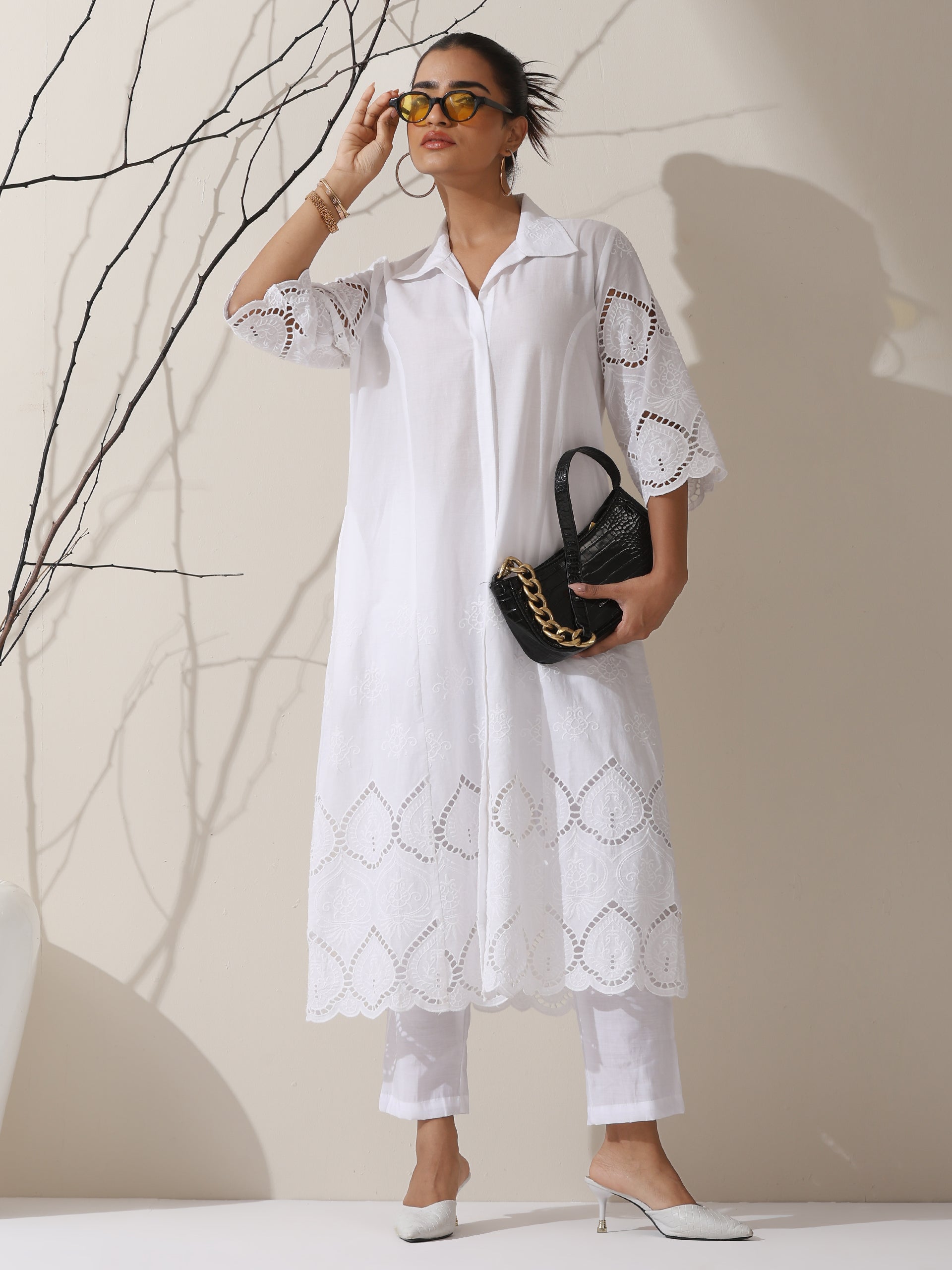 Women's White Cotton Beetal Schiffli Kurta with Pants | 2 Pc Set, All-Over Embroidery, Collar Panel, Elegant Ethnic Wear