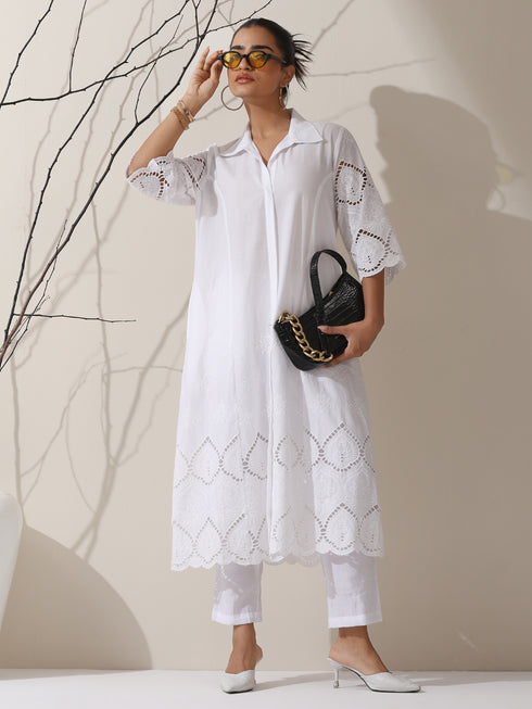 Women's White Cotton Beetal Schiffli Kurta with Pants | 2 Pc Set, All-Over Embroidery, Collar Panel, Elegant Ethnic Wear