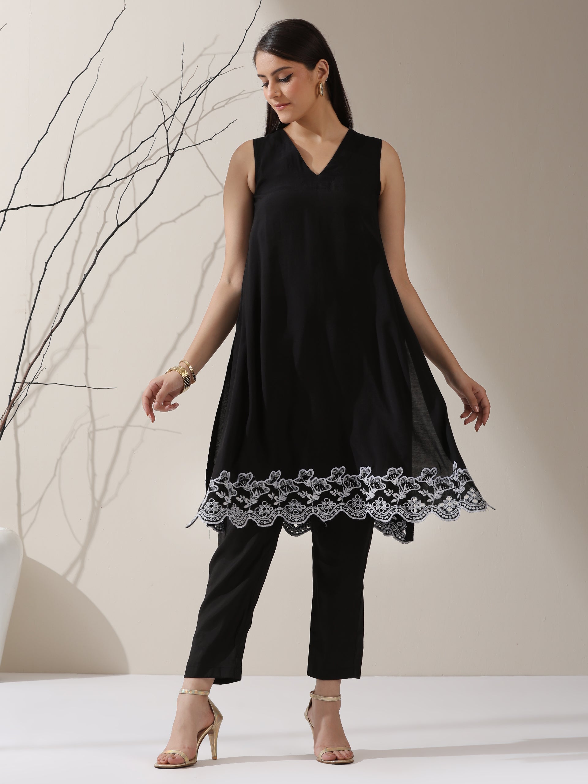 Women's Black AirSkin Schiffli A-Line Kurta with Pants | 2 Pc Set, Lightweight Embroidered Ethnic Co-ord, Elegant Summer Wear