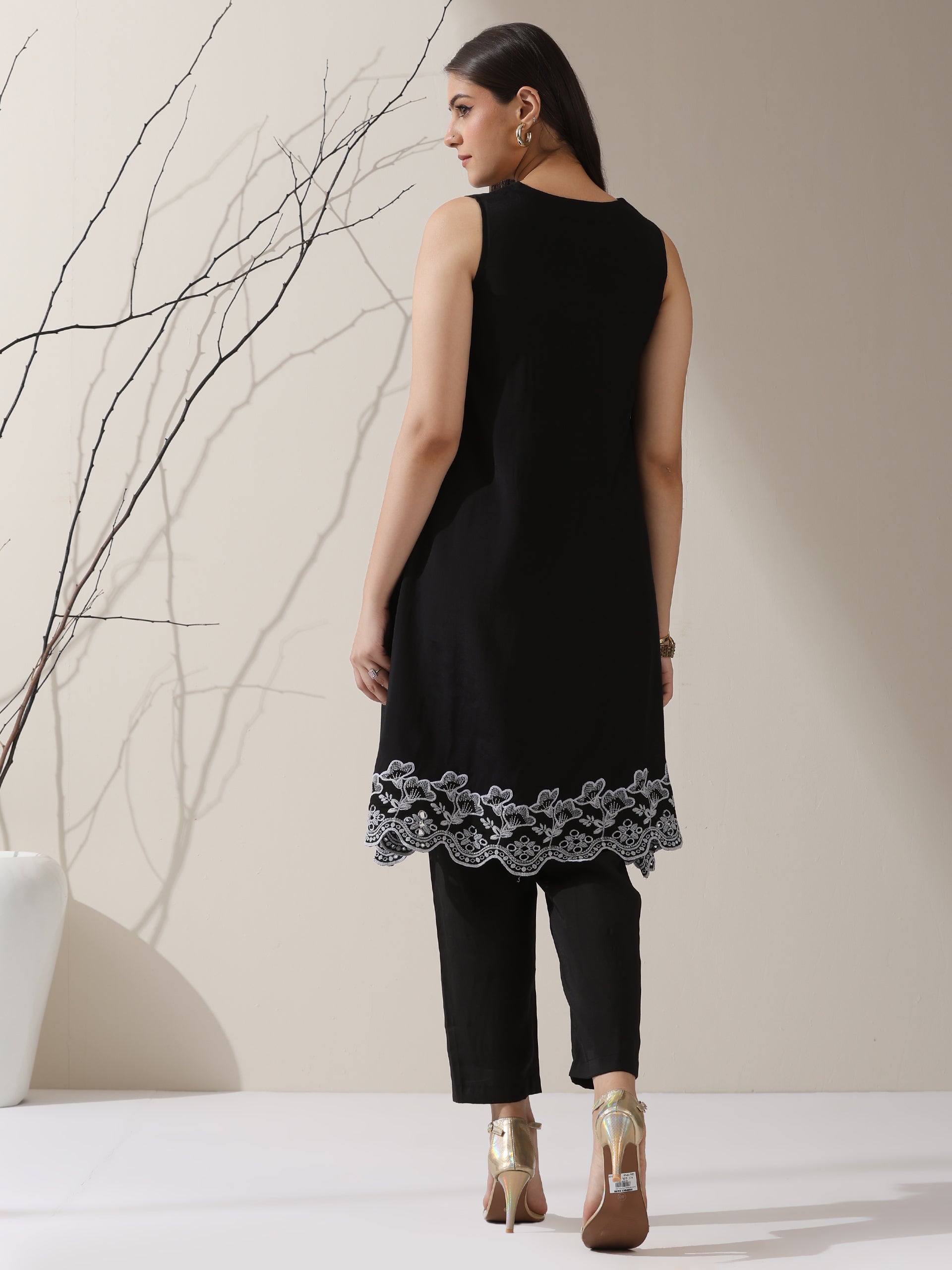 Women's Black AirSkin Schiffli A-Line Kurta with Pants | 2 Pc Set, Lightweight Embroidered Ethnic Co-ord, Elegant Summer Wear