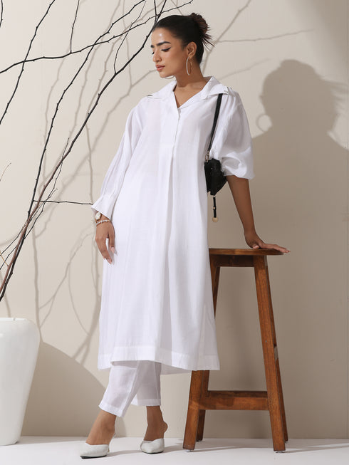 Women's White AirSkin Oversized Dress Shirt with Adjustable Sleeves, Pants & Inner Slip | 2 Pc Set, Lightweight Co-ord, Effortless Contemporary Wear