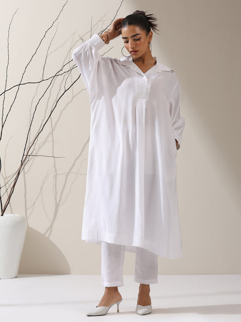 Women's White AirSkin Oversized Dress Shirt with Adjustable Sleeves, Pants & Inner Slip | 2 Pc Set, Lightweight Co-ord, Effortless Contemporary Wear