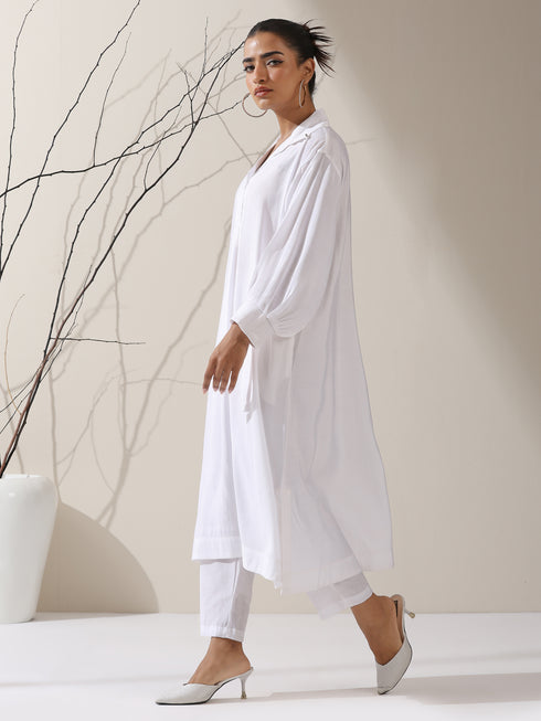 Women's White AirSkin Oversized Dress Shirt with Adjustable Sleeves, Pants & Inner Slip | 2 Pc Set, Lightweight Co-ord, Effortless Contemporary Wear