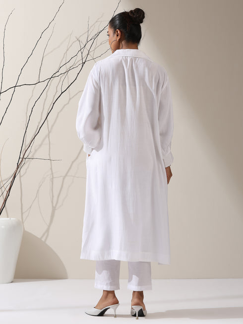 Women's White AirSkin Oversized Dress Shirt with Adjustable Sleeves, Pants & Inner Slip | 2 Pc Set, Lightweight Co-ord, Effortless Contemporary Wear