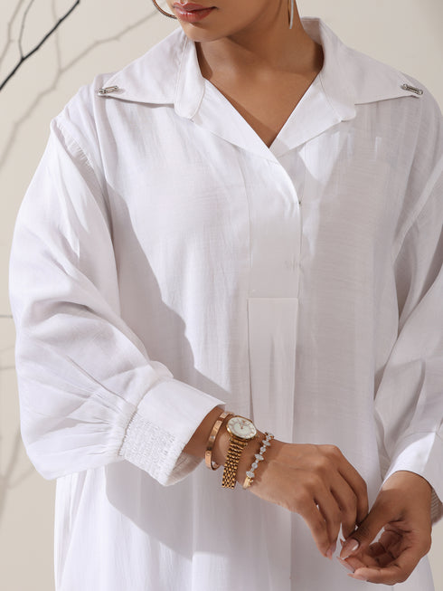 Women's White AirSkin Oversized Dress Shirt with Adjustable Sleeves, Pants & Inner Slip | 2 Pc Set, Lightweight Co-ord, Effortless Contemporary Wear