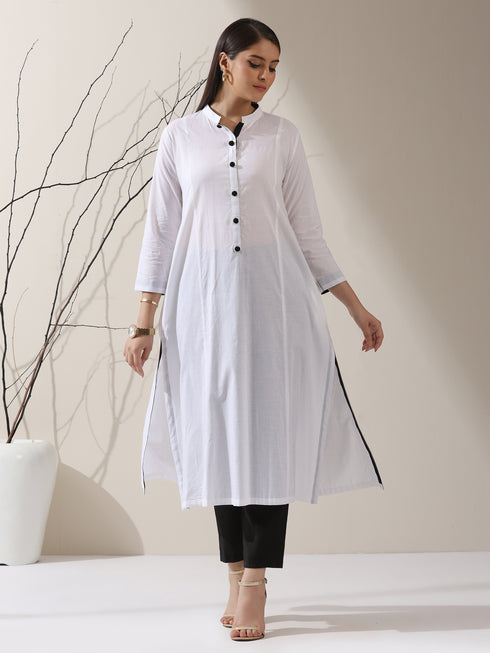 Women's White Cotton Kurta with Black Trims & Crochet Buttons and Pants | 2 Pc Set, Minimal Chic Ethnic Co-ord