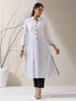 Women's White Cotton Kurta with Black Trims & Crochet Buttons and Pants | 2 Pc Set, Minimal Chic Ethnic Co-ord