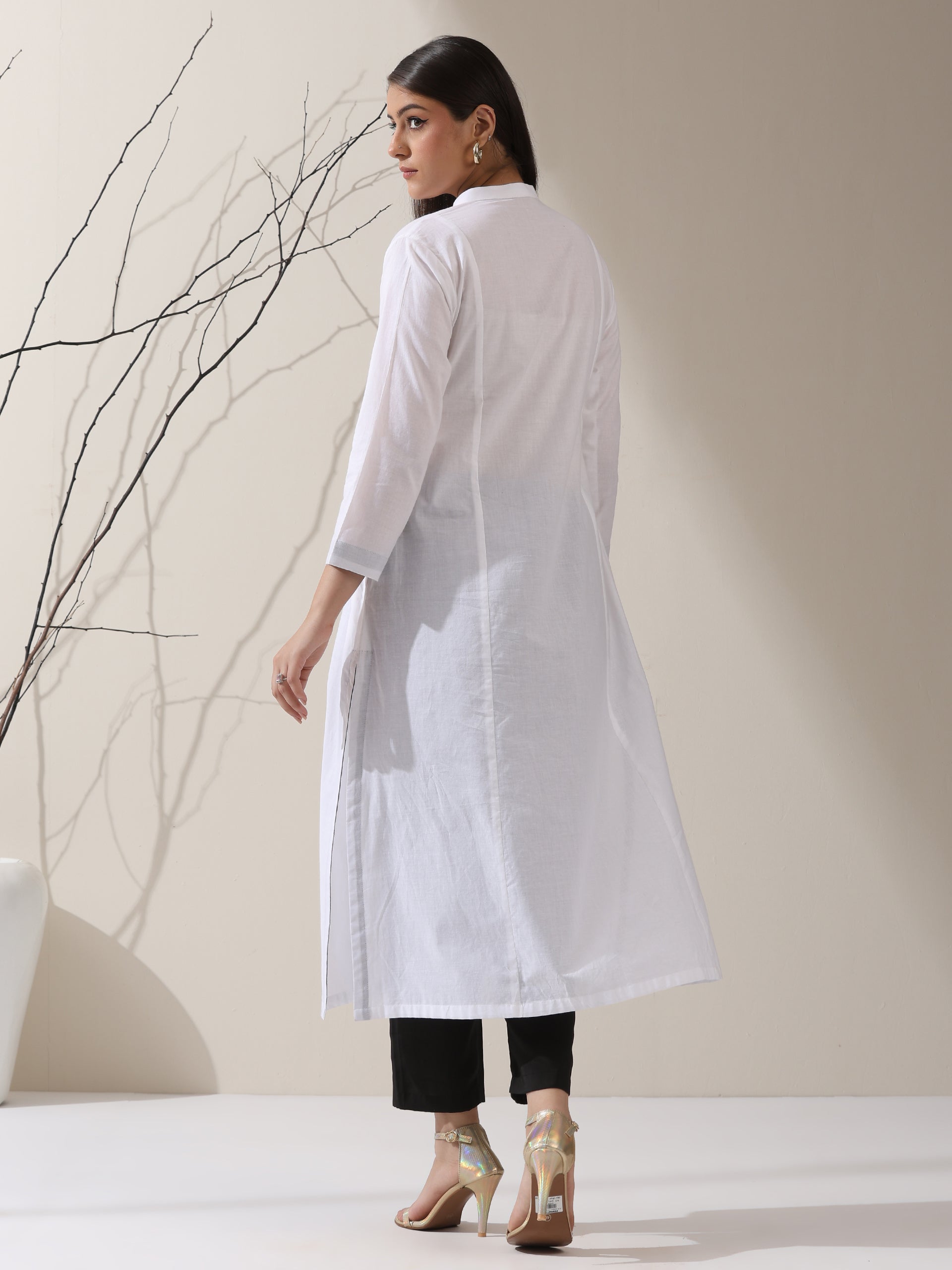 Women's White Cotton Kurta with Black Trims & Crochet Buttons and Pants | 2 Pc Set, Minimal Chic Ethnic Co-ord