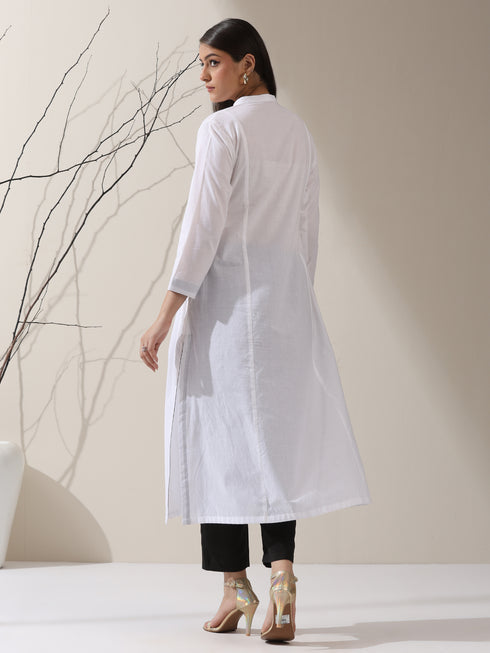 Women's White Cotton Kurta with Black Trims & Crochet Buttons and Pants | 2 Pc Set, Minimal Chic Ethnic Co-ord