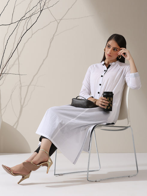 Women's White Cotton Kurta with Black Trims & Crochet Buttons and Pants | 2 Pc Set, Minimal Chic Ethnic Co-ord