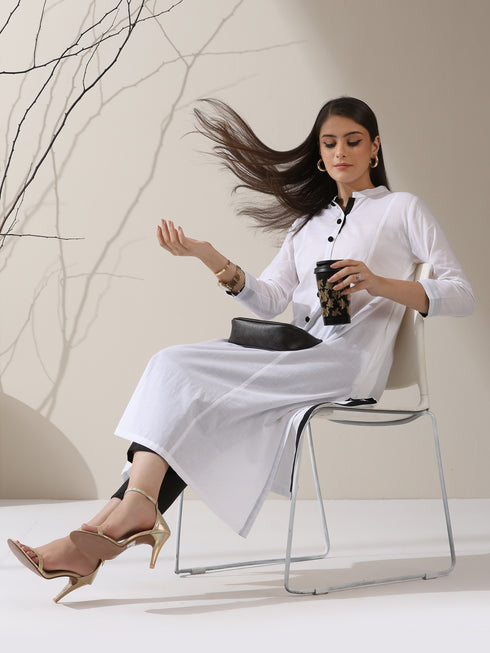 Women's White Cotton Kurta with Black Trims & Crochet Buttons and Pants | 2 Pc Set, Minimal Chic Ethnic Co-ord