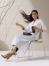 Women's White Cotton Kurta with Black Trims & Crochet Buttons and Pants | 2 Pc Set, Minimal Chic Ethnic Co-ord