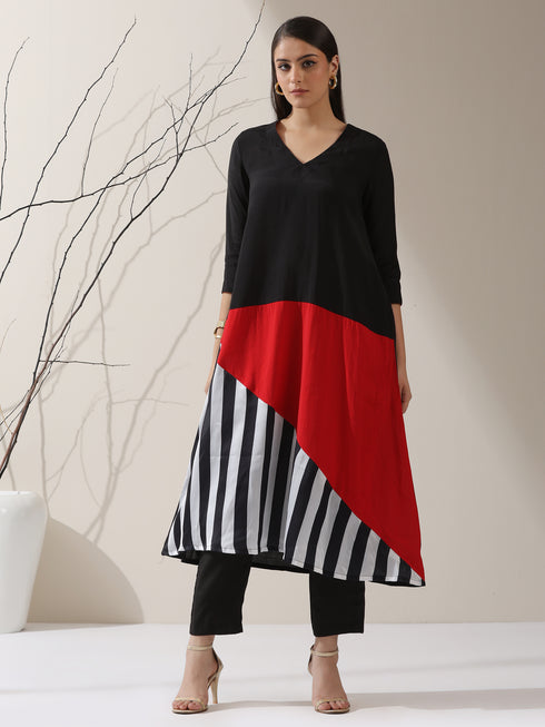 Women's Black Triangle Kurta with Red & Striped Panels and Pants | 2 Pc Set, Bold Ethnic Co-ord, Contemporary Color Block Style