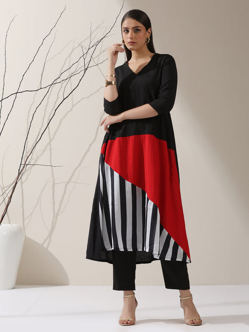 Women's Black Triangle Kurta with Red & Striped Panels and Pants | 2 Pc Set, Bold Ethnic Co-ord, Contemporary Color Block Style