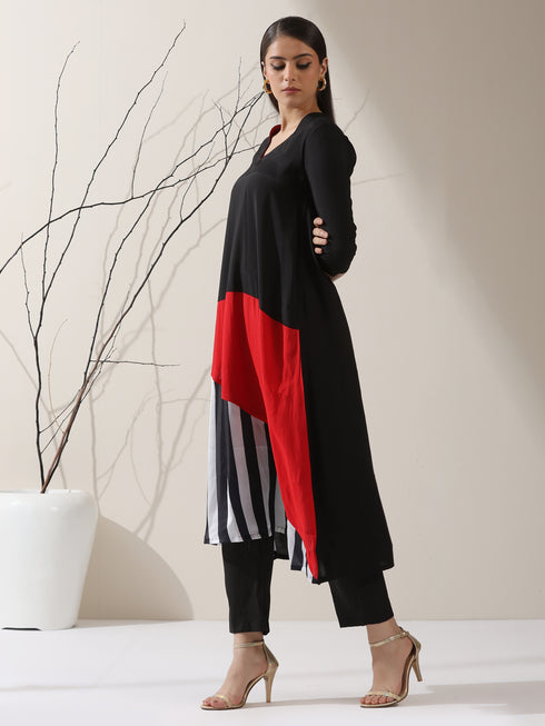 Women's Black Triangle Kurta with Red & Striped Panels and Pants | 2 Pc Set, Bold Ethnic Co-ord, Contemporary Color Block Style
