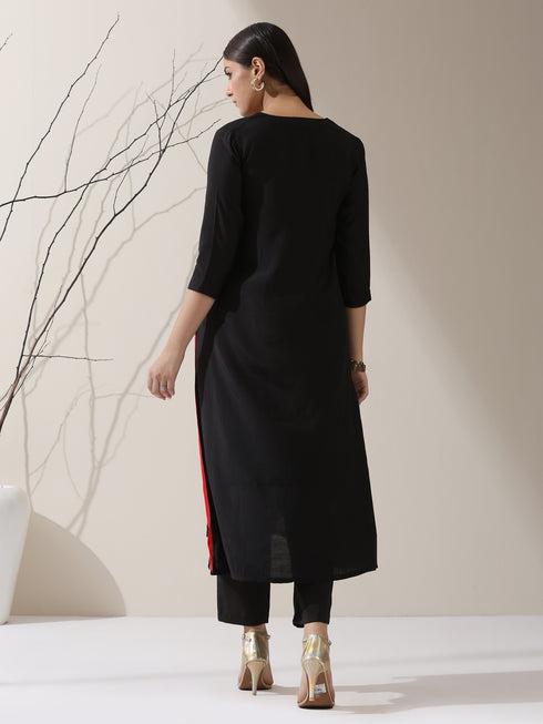 Women's Black Triangle Kurta with Red & Striped Panels and Pants | 2 Pc Set, Bold Ethnic Co-ord, Contemporary Color Block Style