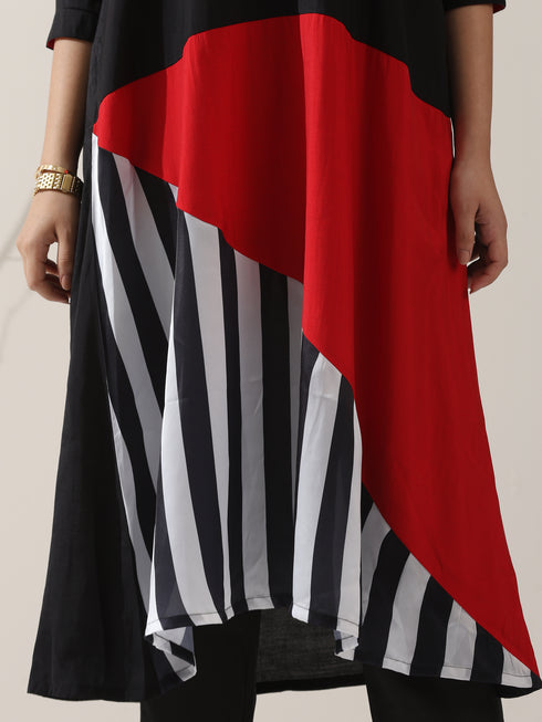 Women's Black Triangle Kurta with Red & Striped Panels and Pants | 2 Pc Set, Bold Ethnic Co-ord, Contemporary Color Block Style