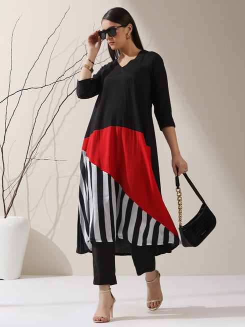 Women's Black Triangle Kurta with Red & Striped Panels and Pants | 2 Pc Set, Bold Ethnic Co-ord, Contemporary Color Block Style