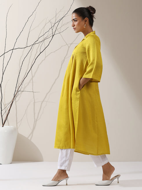 Women's Yellow Prf't Lux Bib Collar Kurta with Bead Detailing & Pants | 2 Pc Set, Luxe Ethnic Co-ord, Elegant Festive Ensemble