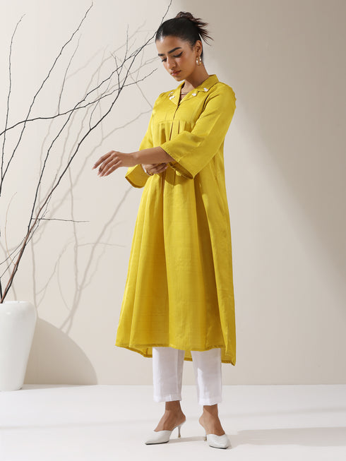 Women's Yellow Prf't Lux Bib Collar Kurta with Bead Detailing & Pants | 2 Pc Set, Luxe Ethnic Co-ord, Elegant Festive Ensemble