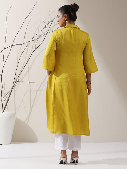 Women's Yellow Prf't Lux Bib Collar Kurta with Bead Detailing & Pants | 2 Pc Set, Luxe Ethnic Co-ord, Elegant Festive Ensemble
