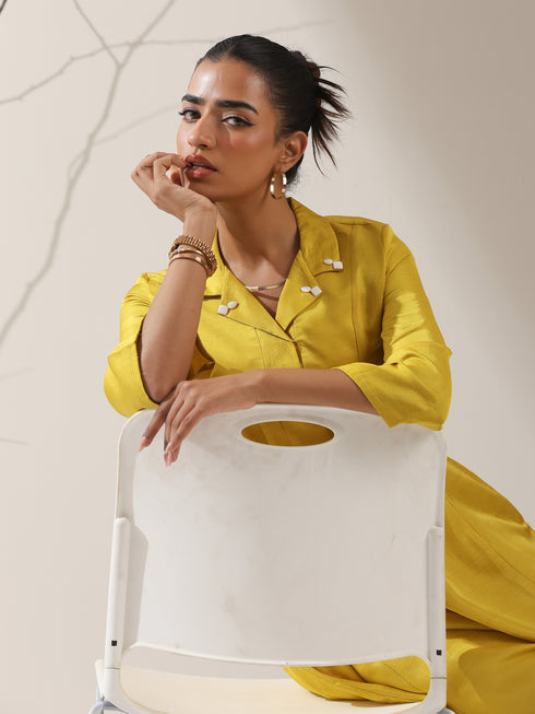 Women's Yellow Prf't Lux Bib Collar Kurta with Bead Detailing & Pants | 2 Pc Set, Luxe Ethnic Co-ord, Elegant Festive Ensemble