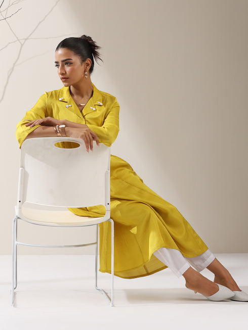 Women's Yellow Prf't Lux Bib Collar Kurta with Bead Detailing & Pants | 2 Pc Set, Luxe Ethnic Co-ord, Elegant Festive Ensemble