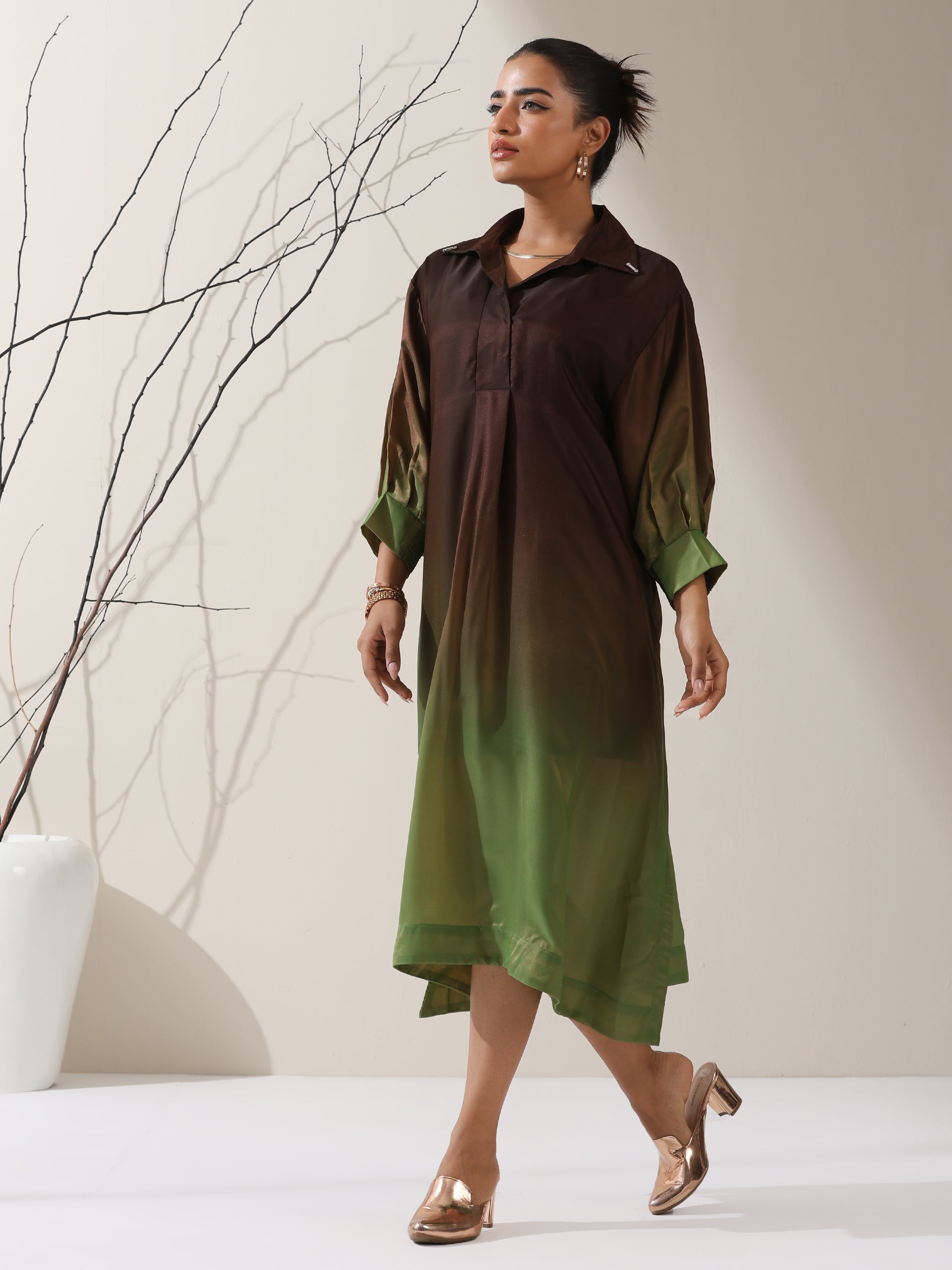 Women's Ombre Dark Chocolate & Green Chiffon Oversized Dress Shirt | 1 Pc, Flowing Silhouette, Elegant Statement Wear