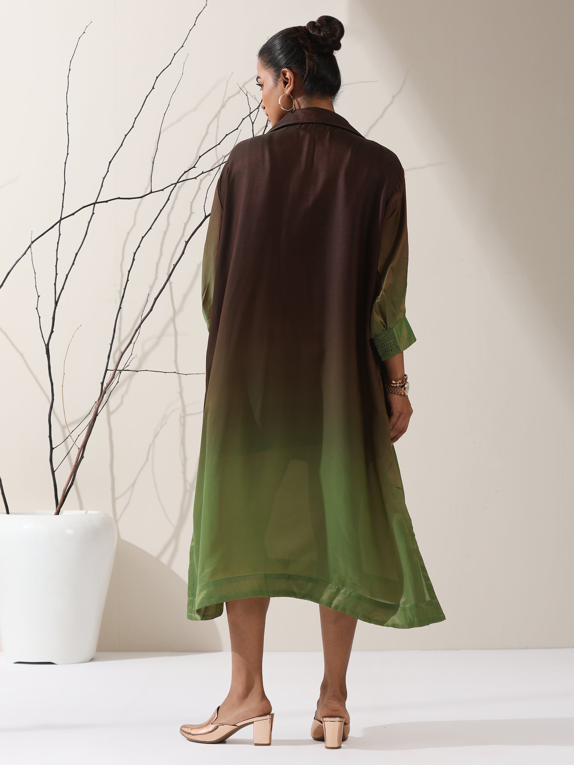 Women's Ombre Dark Chocolate & Green Chiffon Oversized Dress Shirt | 1 Pc, Flowing Silhouette, Elegant Statement Wear