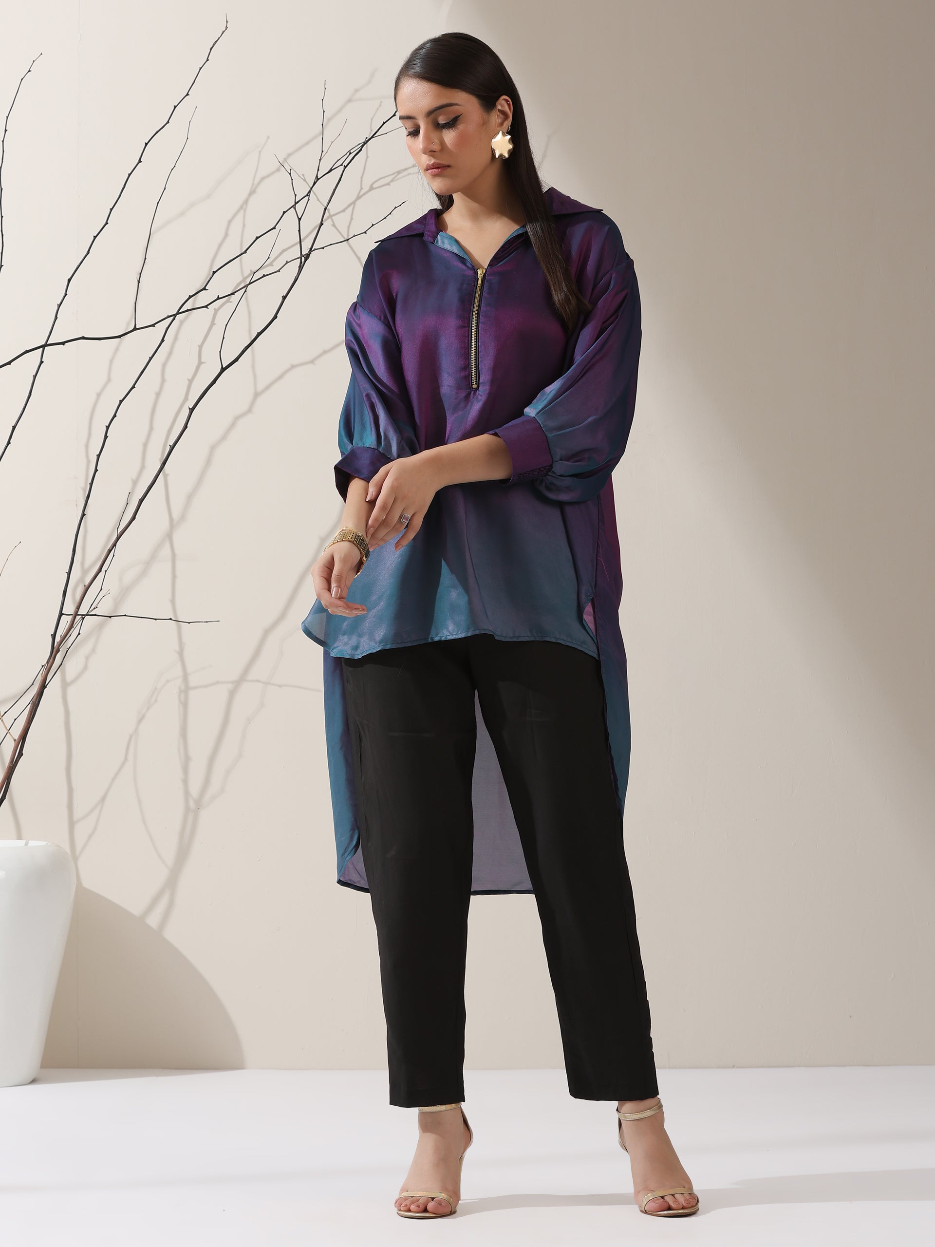 Women's Ombre'Rarity Chiffon Long Zip Shirt with Adjustable Sleeves & Black Pants | 2 Pc Set, Flowing Fusion Co-ord, Elegant Contemporary Wear