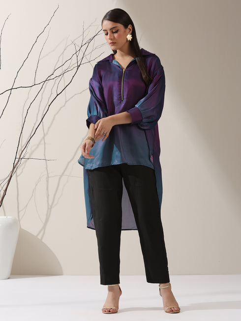 Women's Ombre'Rarity Chiffon Long Zip Shirt with Adjustable Sleeves & Black Pants | 2 Pc Set, Flowing Fusion Co-ord, Elegant Contemporary Wear