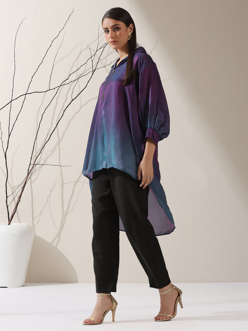 Women's Ombre'Rarity Chiffon Long Zip Shirt with Adjustable Sleeves & Black Pants | 2 Pc Set, Flowing Fusion Co-ord, Elegant Contemporary Wear