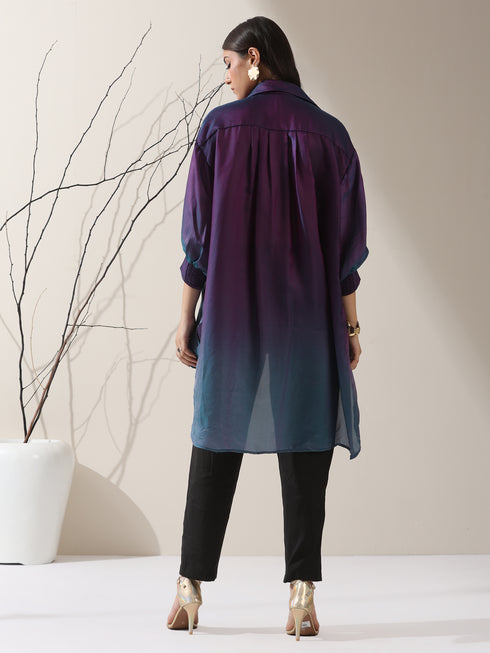 Women's Ombre'Rarity Chiffon Long Zip Shirt with Adjustable Sleeves & Black Pants | 2 Pc Set, Flowing Fusion Co-ord, Elegant Contemporary Wear