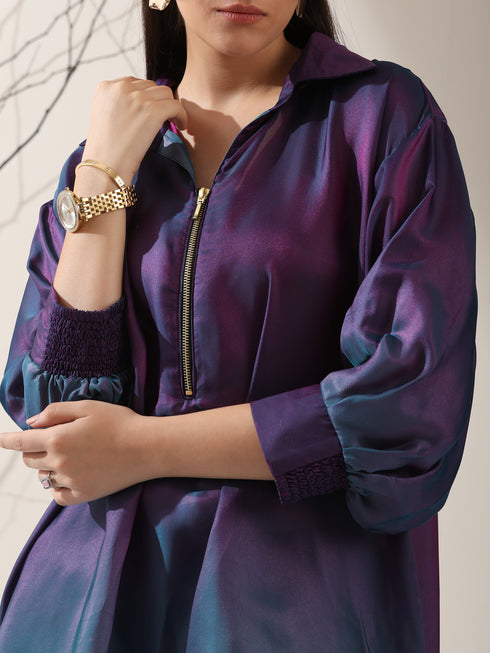 Women's Ombre'Rarity Chiffon Long Zip Shirt with Adjustable Sleeves & Black Pants | 2 Pc Set, Flowing Fusion Co-ord, Elegant Contemporary Wear