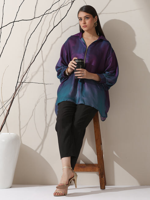 Women's Ombre'Rarity Chiffon Long Zip Shirt with Adjustable Sleeves & Black Pants | 2 Pc Set, Flowing Fusion Co-ord, Elegant Contemporary Wear