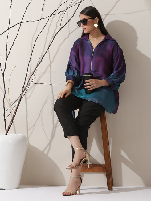 Women's Ombre'Rarity Chiffon Long Zip Shirt with Adjustable Sleeves & Black Pants | 2 Pc Set, Flowing Fusion Co-ord, Elegant Contemporary Wear