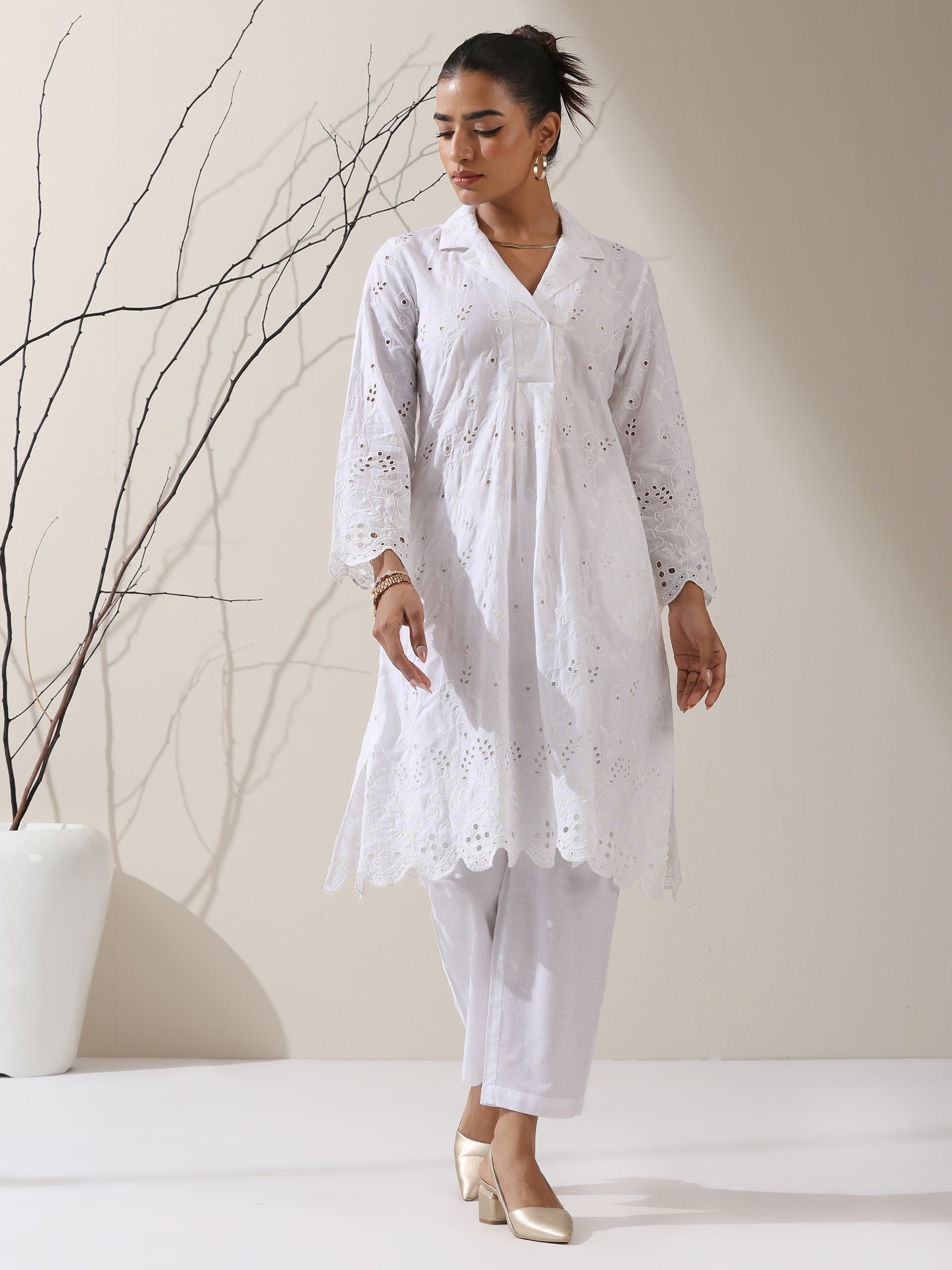 Women's White Cotton Schflli Kurta with Pants | 2 Pc Set, All-Over Creeper Embroidery, Elegant Summer Ethnic Wear
