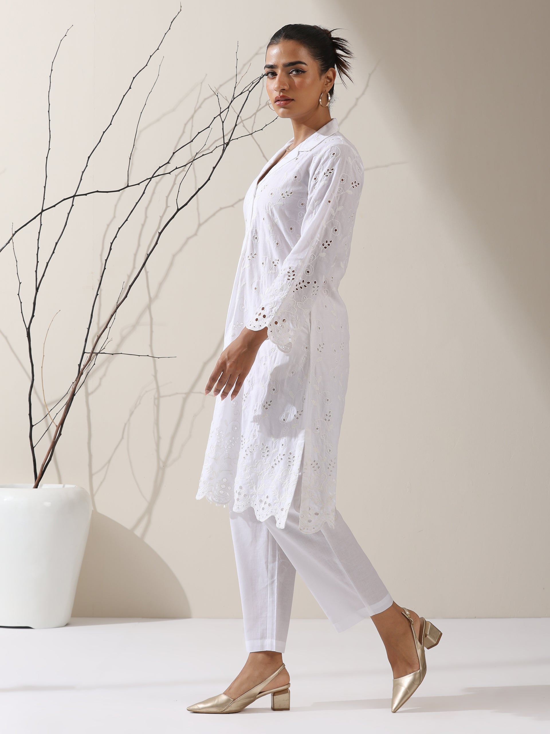 Women's White Cotton Schflli Kurta with Pants | 2 Pc Set, All-Over Creeper Embroidery, Elegant Summer Ethnic Wear