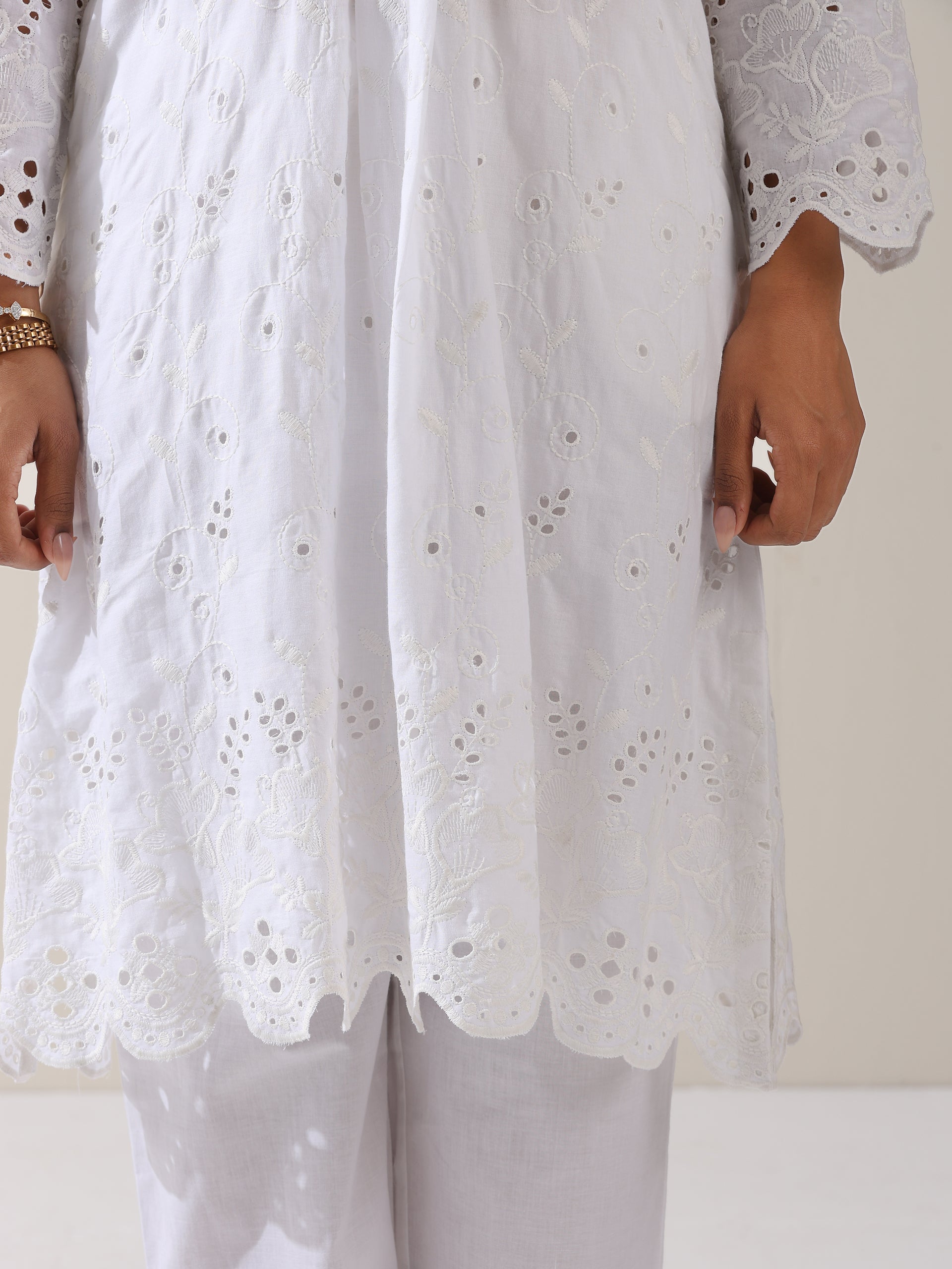 Women's White Cotton Schflli Kurta with Pants | 2 Pc Set, All-Over Creeper Embroidery, Elegant Summer Ethnic Wear