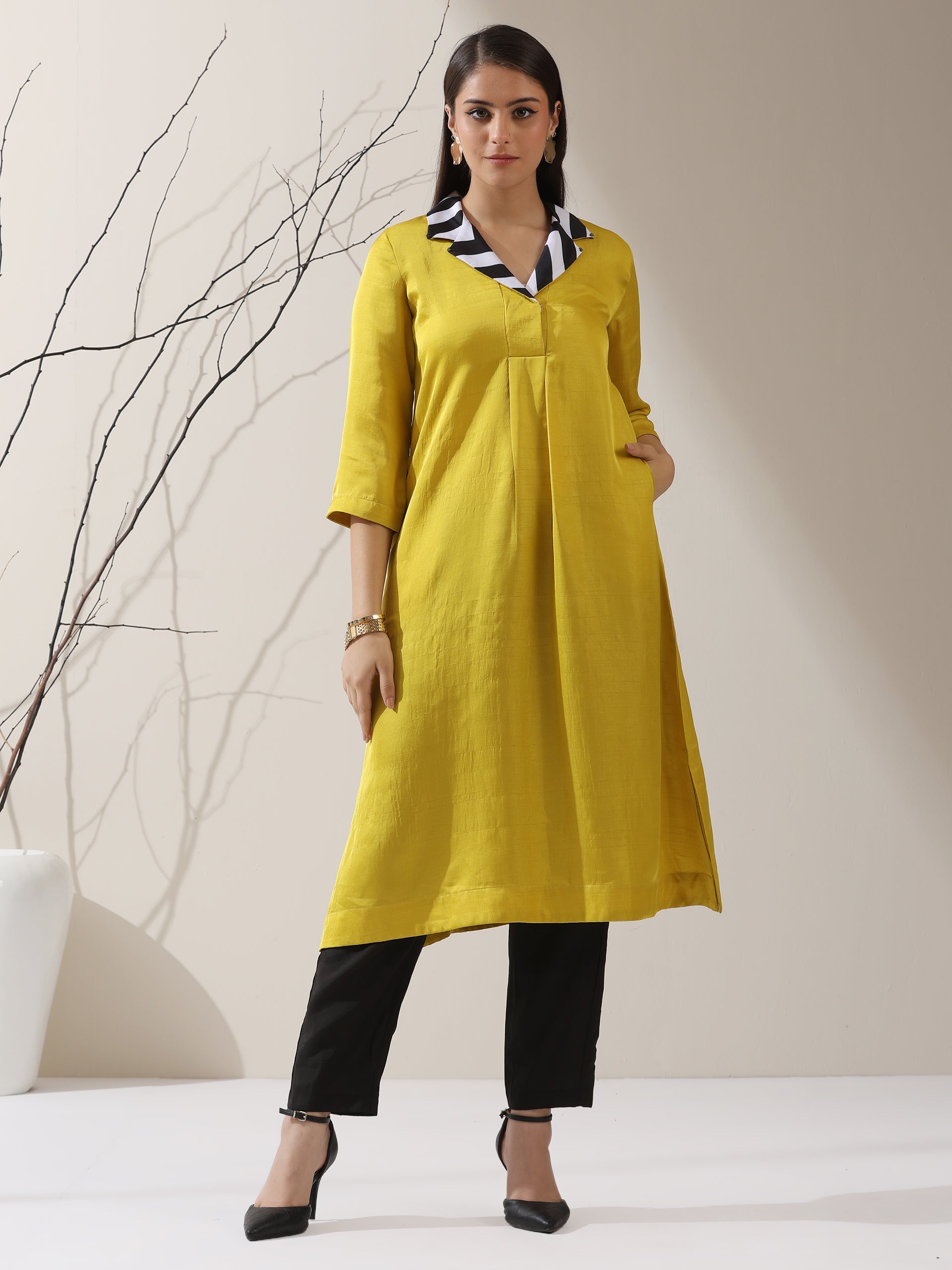Women's Yellow Prf't Lux Kurta with Striped Collar & AirSkin Pants | 2 Pc Set, Luxe Ethnic Co-ord, Soft & Stylish Fusion Wear