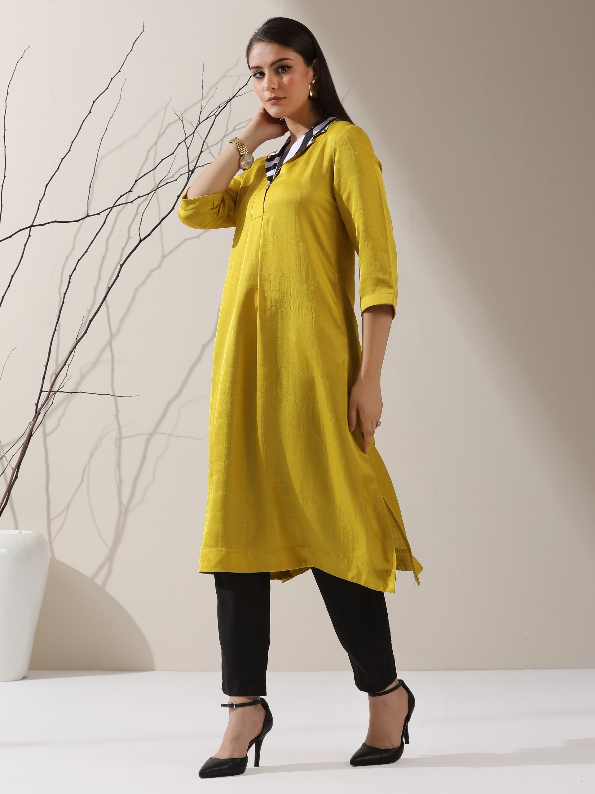 Women's Yellow Prf't Lux Kurta with Striped Collar & AirSkin Pants | 2 Pc Set, Luxe Ethnic Co-ord, Soft & Stylish Fusion Wear