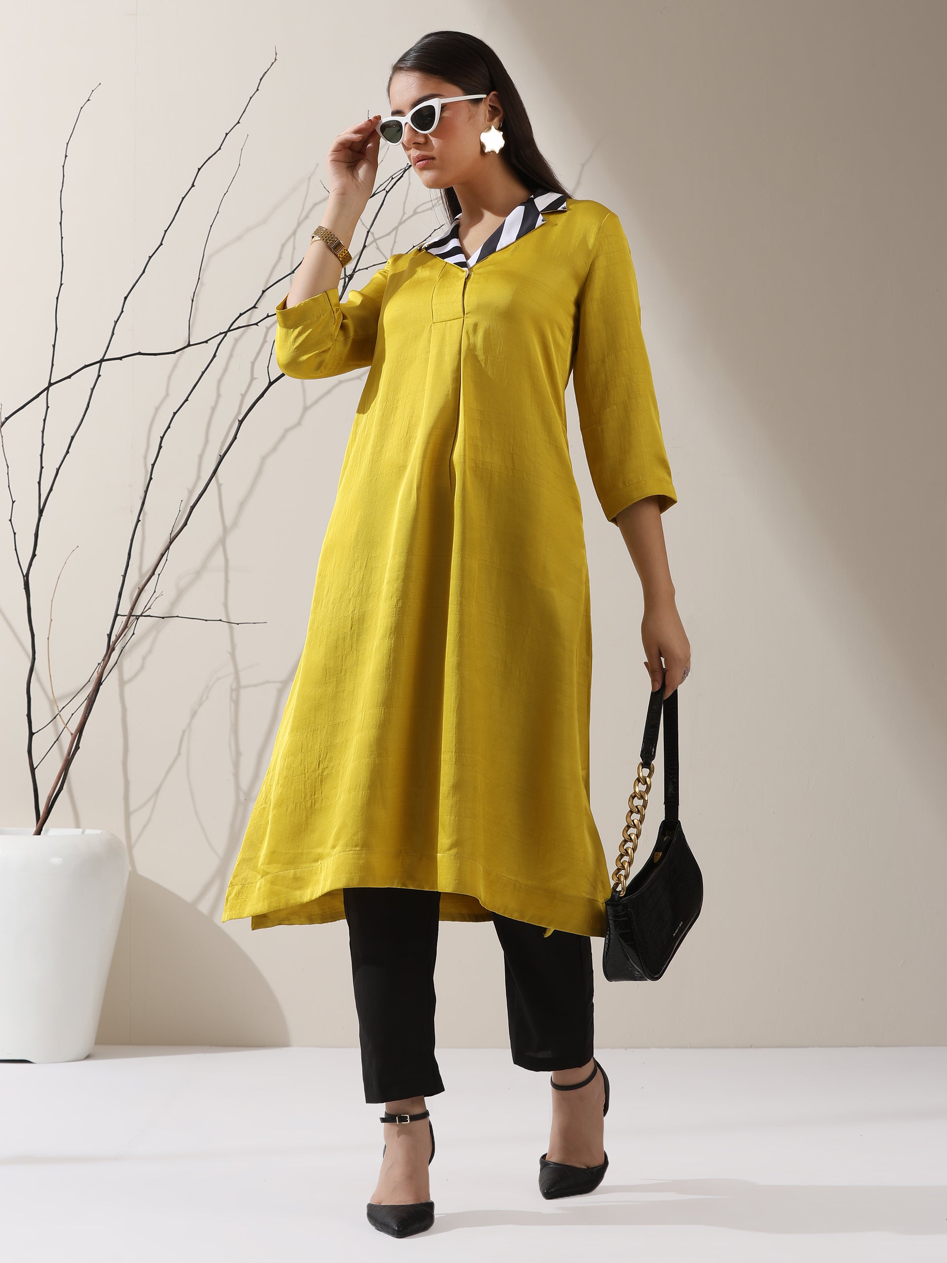 Women's Yellow Prf't Lux Kurta with Striped Collar & AirSkin Pants | 2 Pc Set, Luxe Ethnic Co-ord, Soft & Stylish Fusion Wear