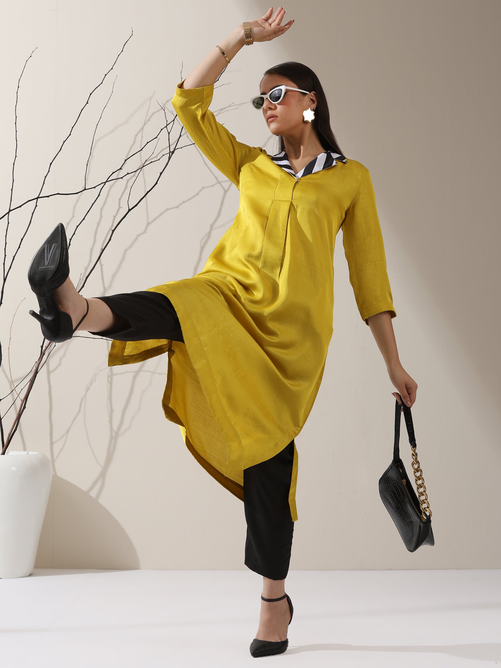 Women's Yellow Prf't Lux Kurta with Striped Collar & AirSkin Pants | 2 Pc Set, Luxe Ethnic Co-ord, Soft & Stylish Fusion Wear