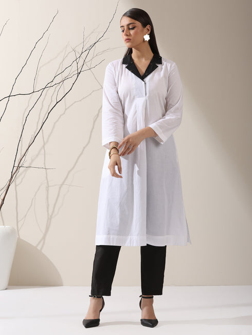 2-Piece White Cotton Kurta Set for Women – Contrast Black Collar Design with Matching Pants | Elegant Everyday Ethnic Wear