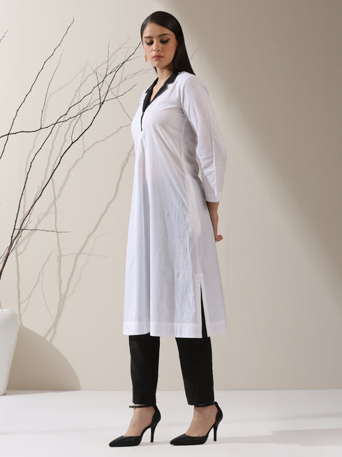 2-Piece White Cotton Kurta Set for Women – Contrast Black Collar Design with Matching Pants | Elegant Everyday Ethnic Wear