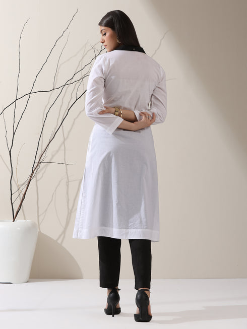 2-Piece White Cotton Kurta Set for Women – Contrast Black Collar Design with Matching Pants | Elegant Everyday Ethnic Wear